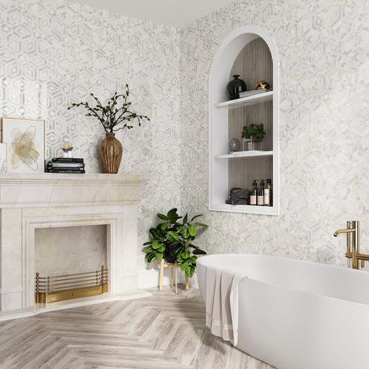 Glamorous bathroom wall tile with soaking tub and fireplace