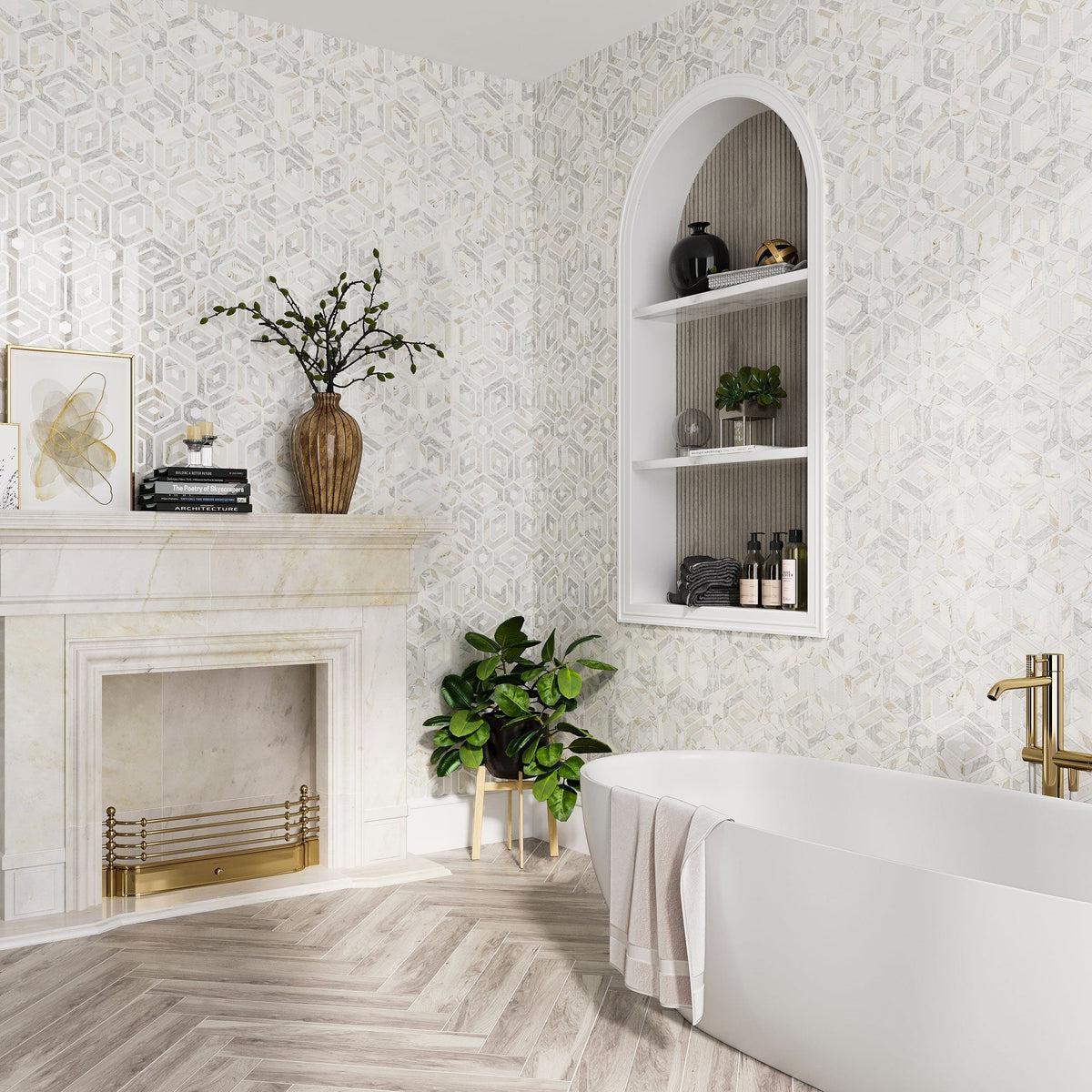 Glamorous bathroom wall tile with soaking tub and fireplace