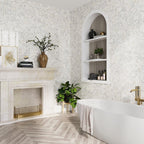 Glamorous bathroom wall tile with soaking tub and fireplace