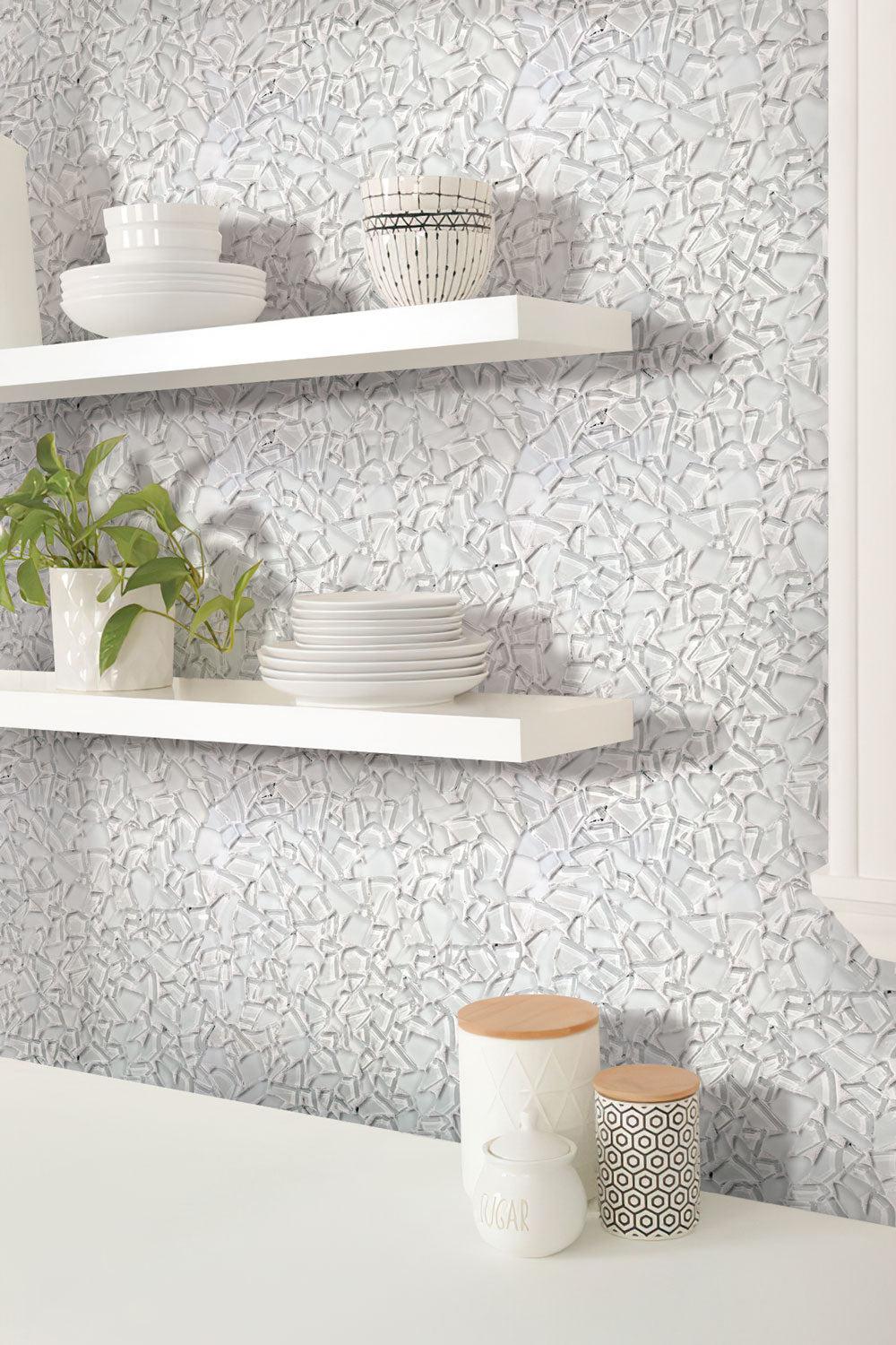 White kitchen with Diamond White Glass Pebble Mosaic Tile backsplash