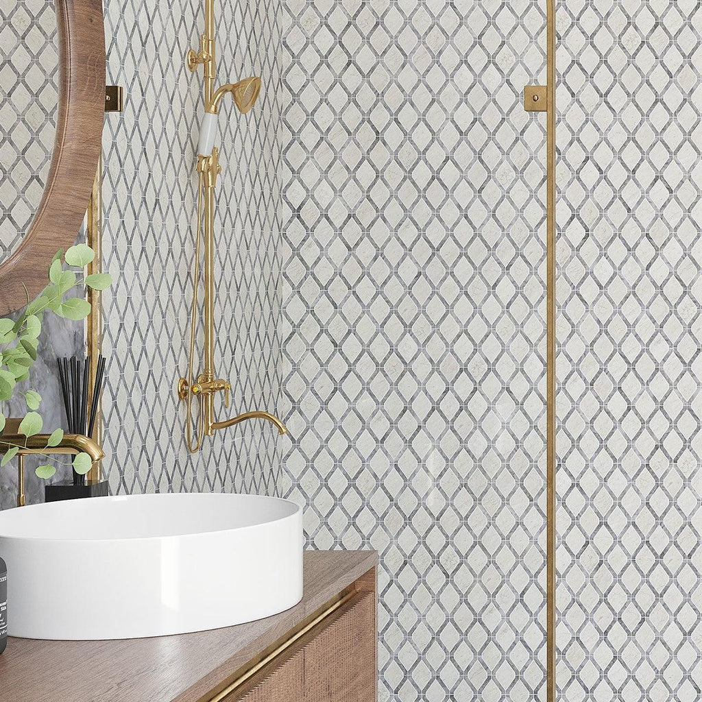 Bathroom shower wall with diamond shaped marble tile