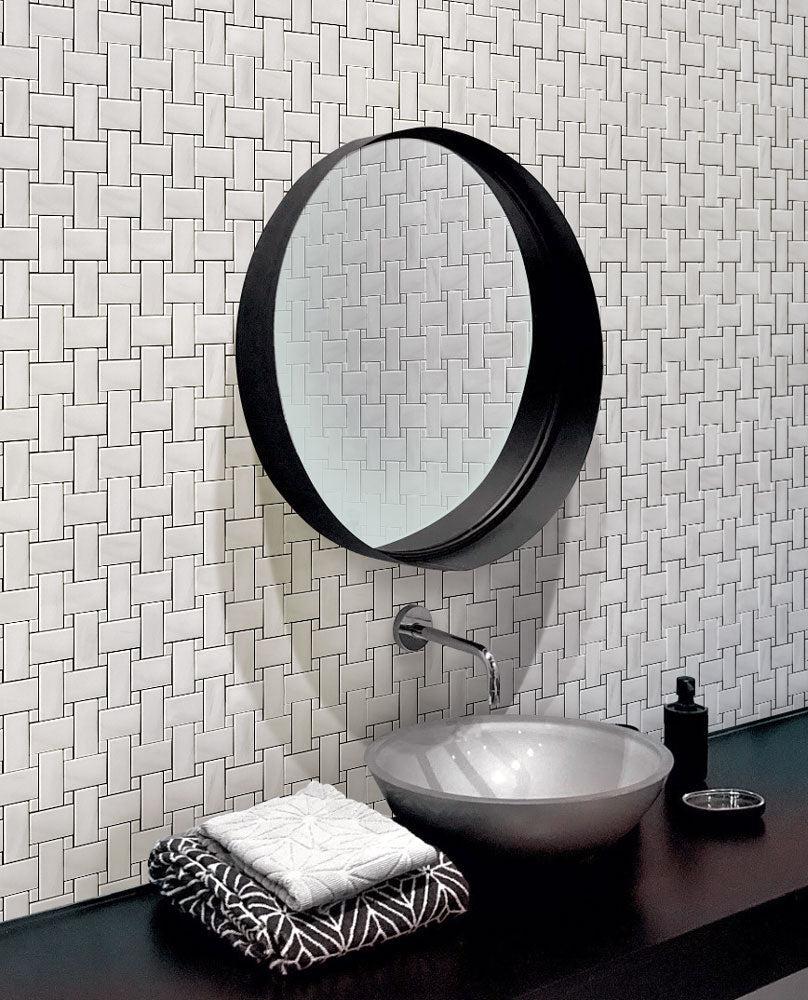 White marble basket weave tiled wall for a minimalist modern bathroom