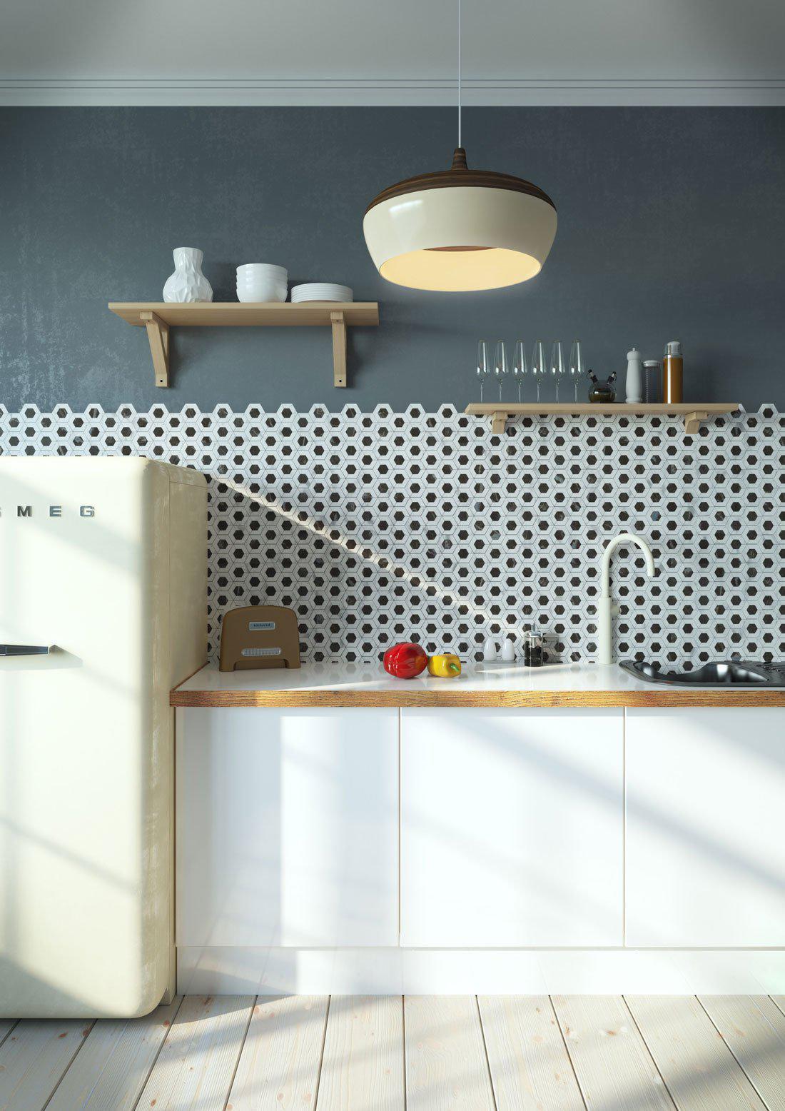 Double Hex Carrara & Bardiglio Marble Mosaic Tile Backsplash