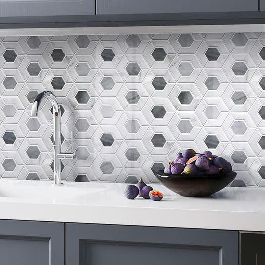 Kitchen with Double Hex Carrara & Bardiglio Marble Mosaic Tile Wall