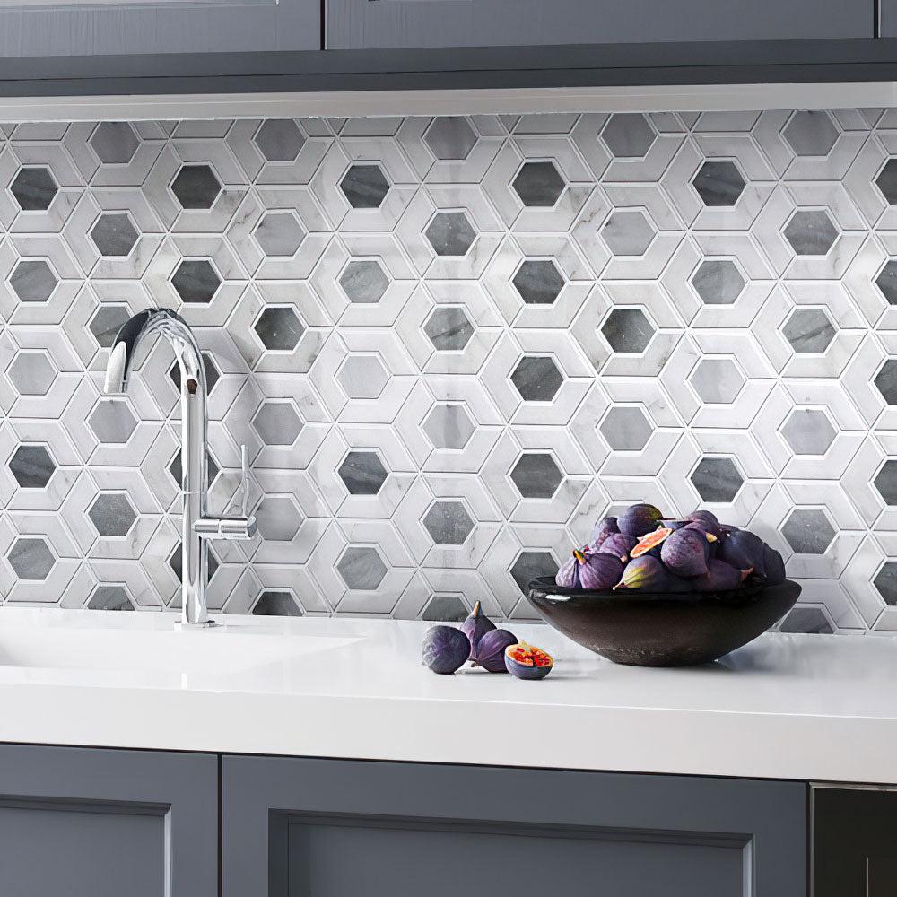 Kitchen with Double Hex Carrara & Bardiglio Marble Mosaic Tile Wall