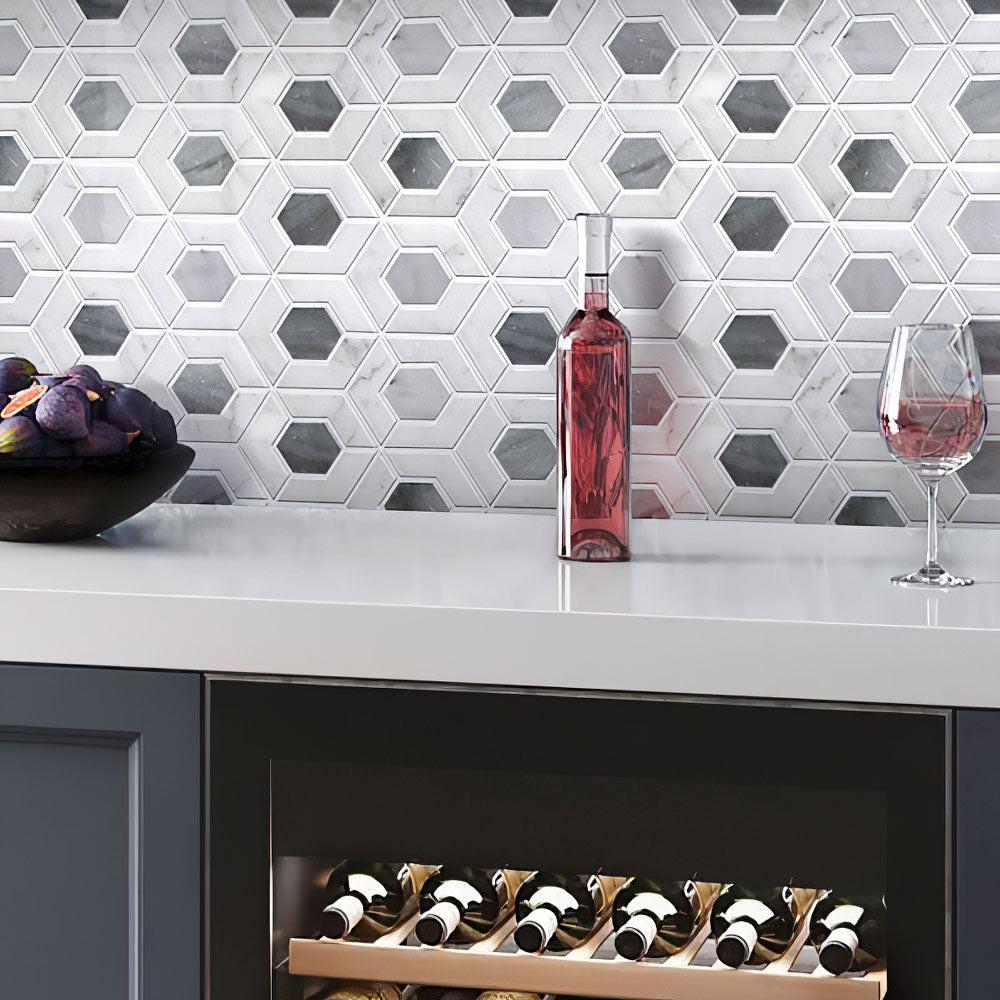 Kitchen with Double Hex Carrara & Bardiglio Marble Mosaic Tile Wall