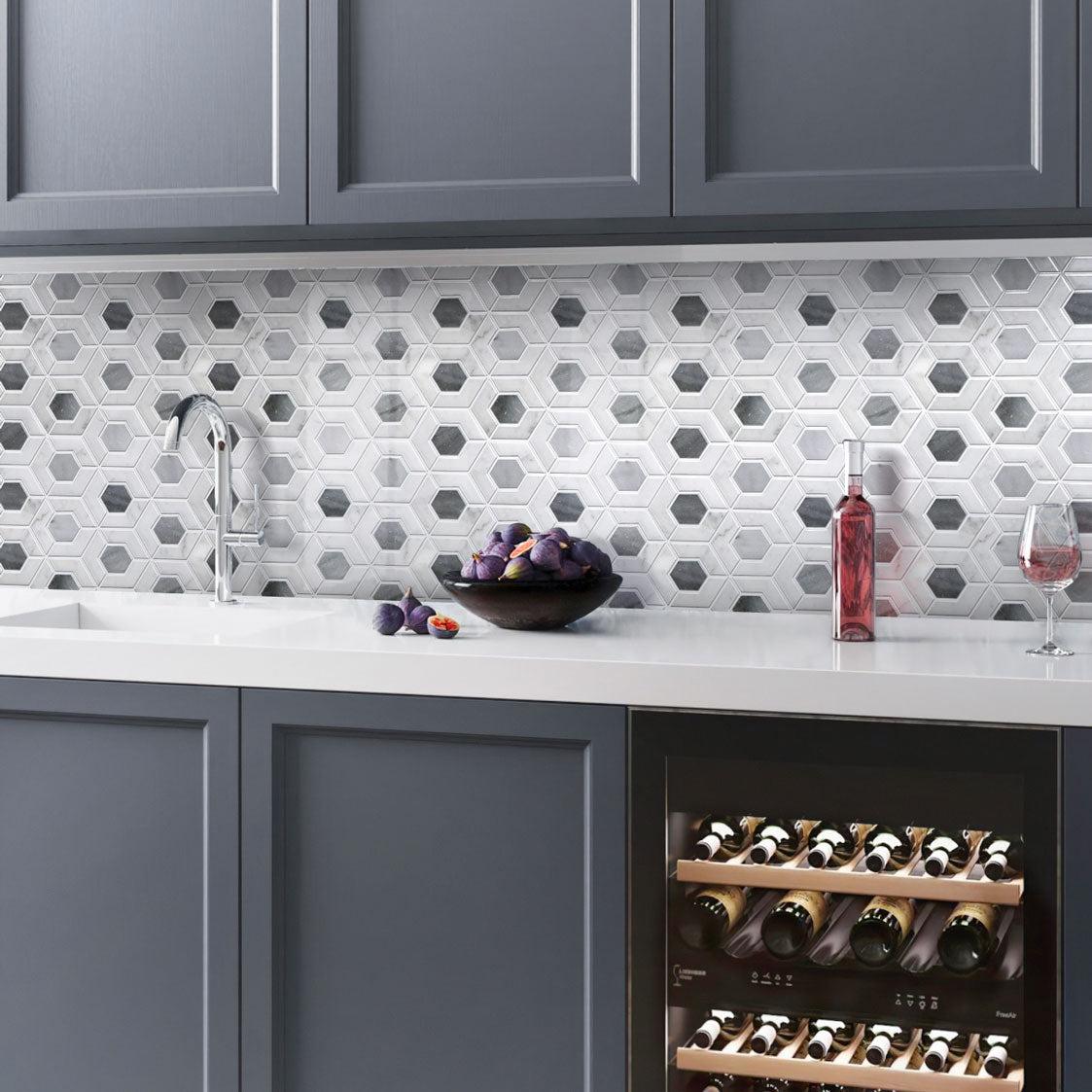 Graphite and White Kitchen with Double Hex Carrara & Bardiglio Marble Mosaic Tile Backsplash