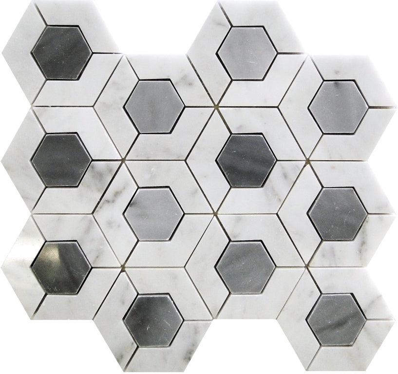 Double Hex Carrara & Bardiglio Marble Mosaic Tile | Tile Club