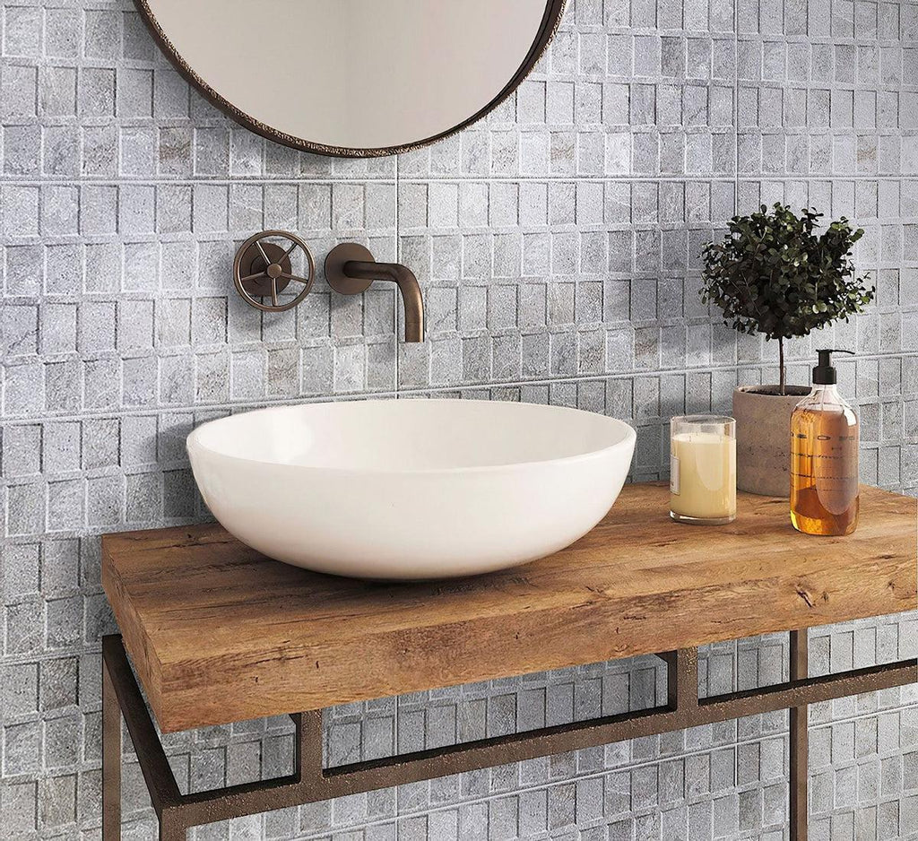 Dover Gris Deco Backsplash in Bathroom of Wood & Iron