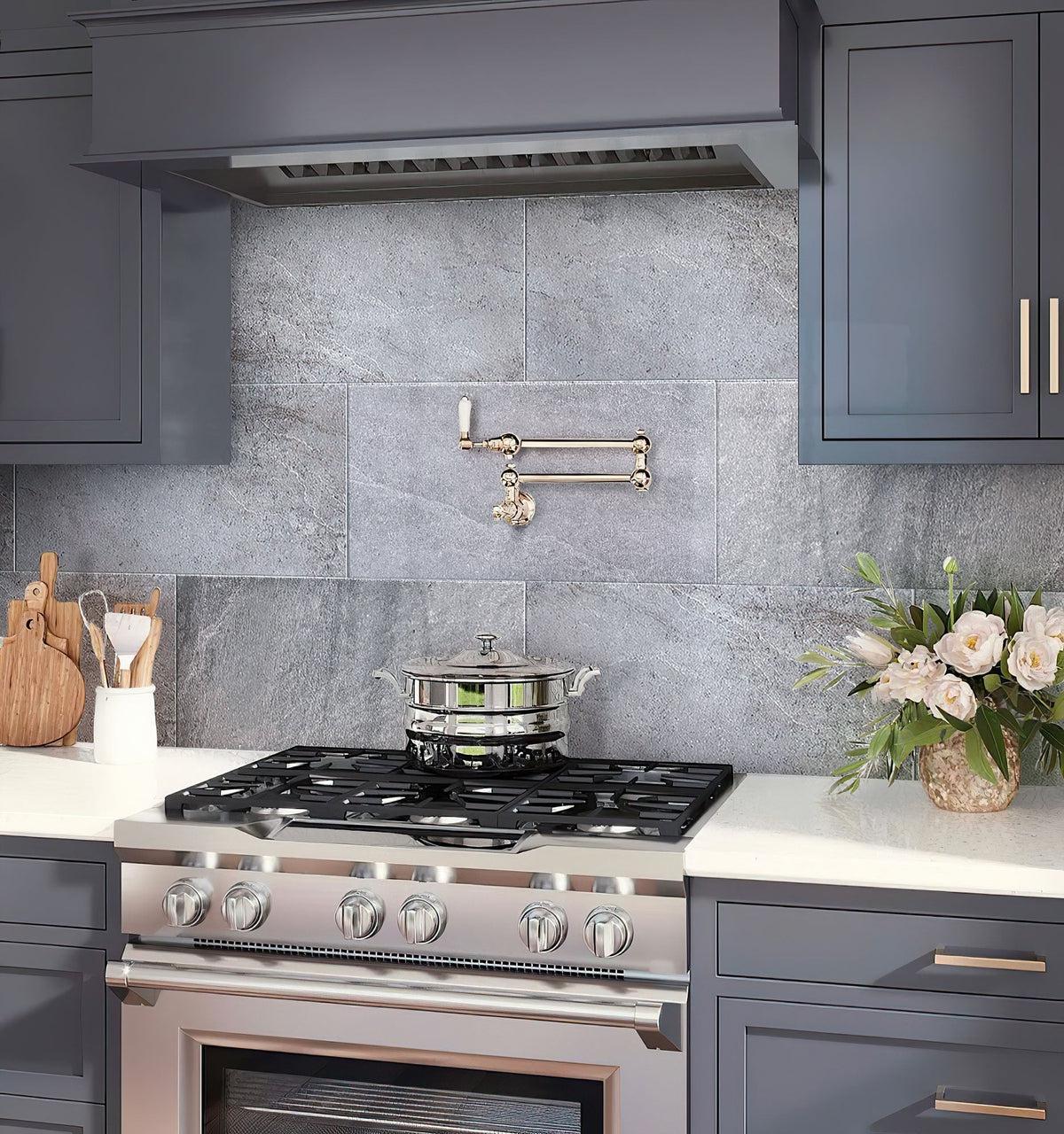 Dover Gris Stone Look Gray Porcelain Tile Backsplash in Kitchen of Grey & White