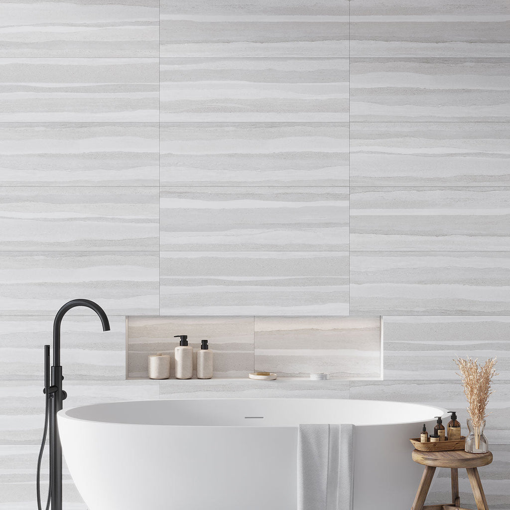 Dunescape Deco Gray 12x36 Large Format Ceramic Tile Bathroom Wall
