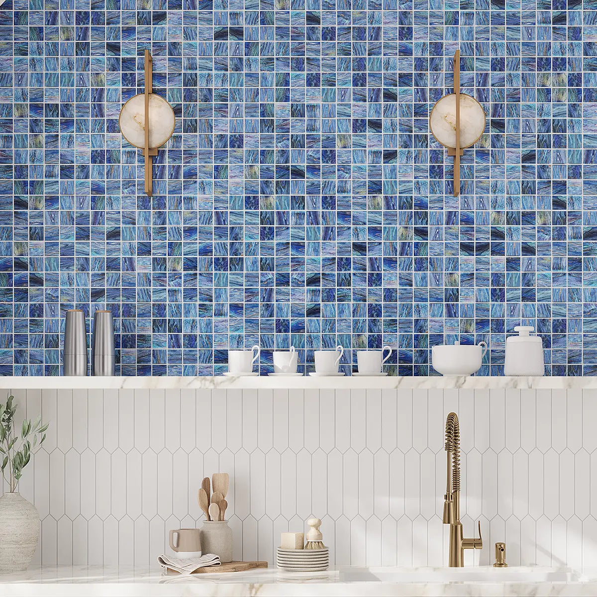 Dusk Blue Glossy 2" Mixed Squares Glass Pool Tile | Tile Club