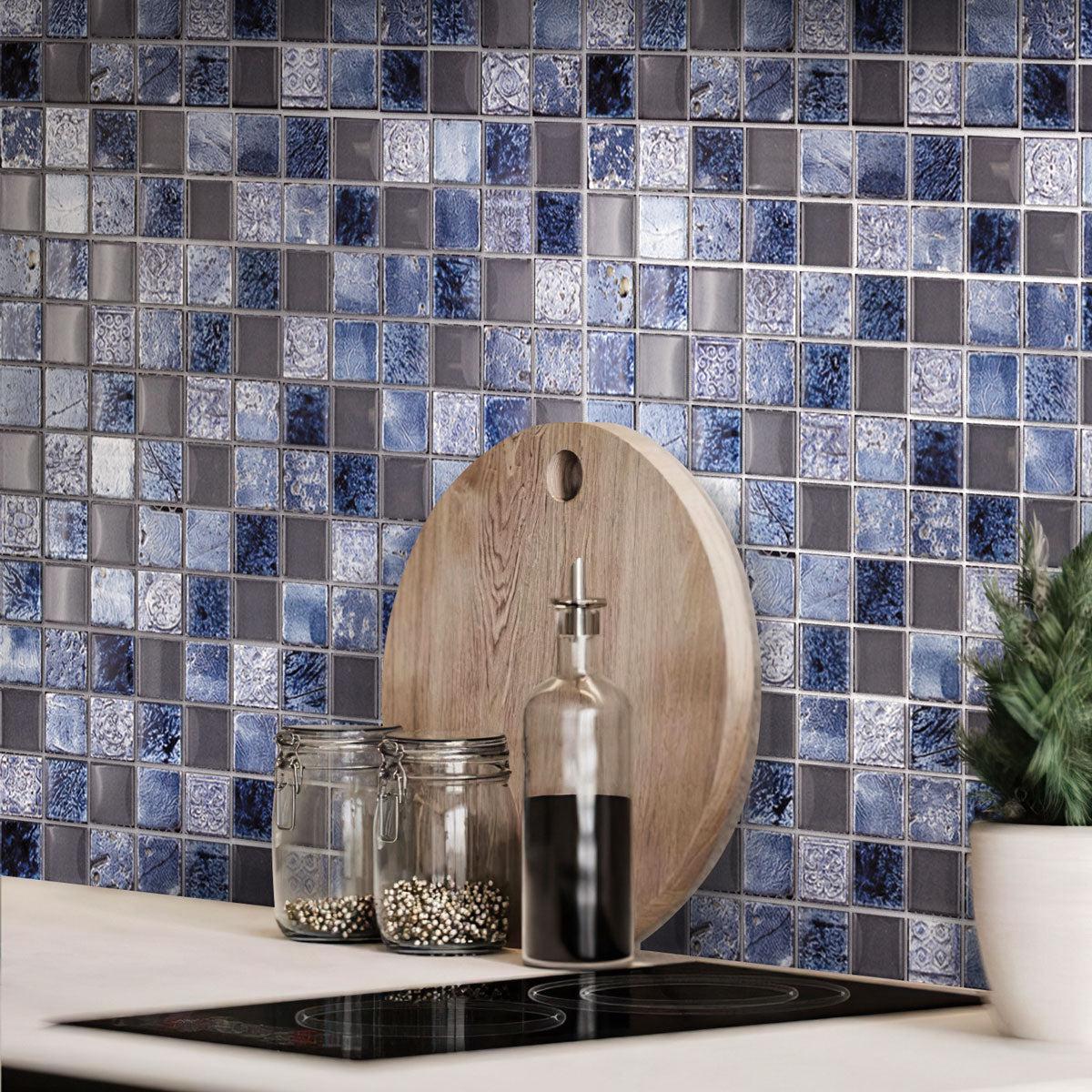 Blue and Gray glass, resin, and stone square backsplash tile
