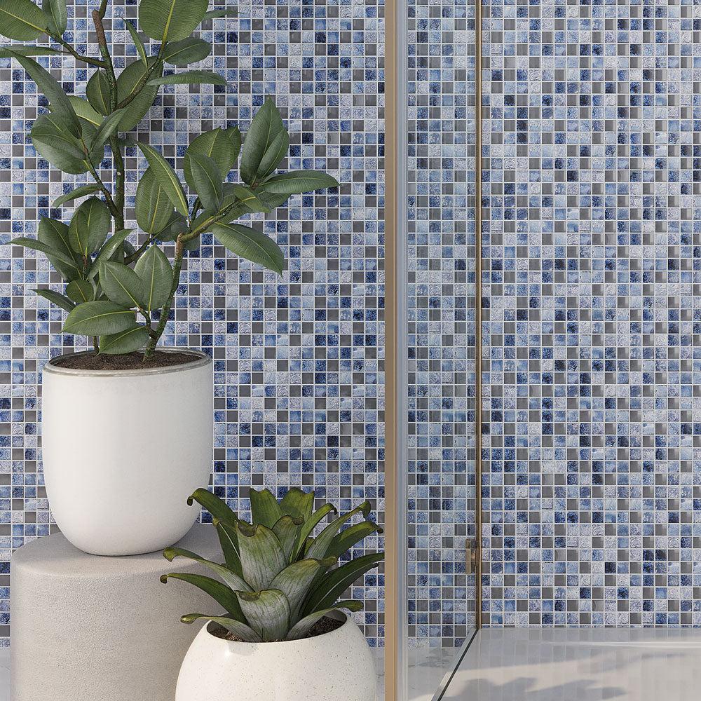 Decorative Plants in Pots on a Eclectic Blue Square Mosaic Tile Wall Background