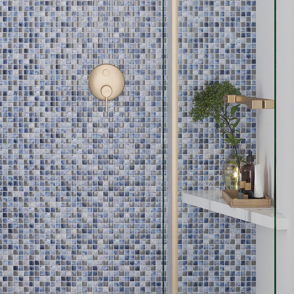 Shower Shelves on Eclectic Blue Square Mosaic Wall Background