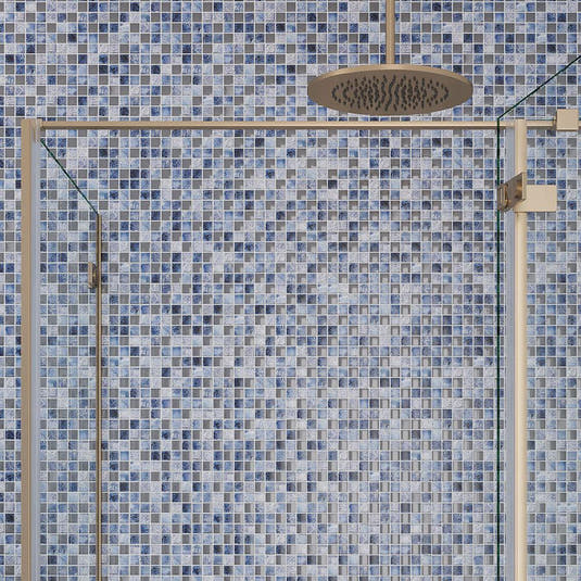Shower Watering Can on the Background of the Eclectic Blue Square Mosaic Tile Backsplash