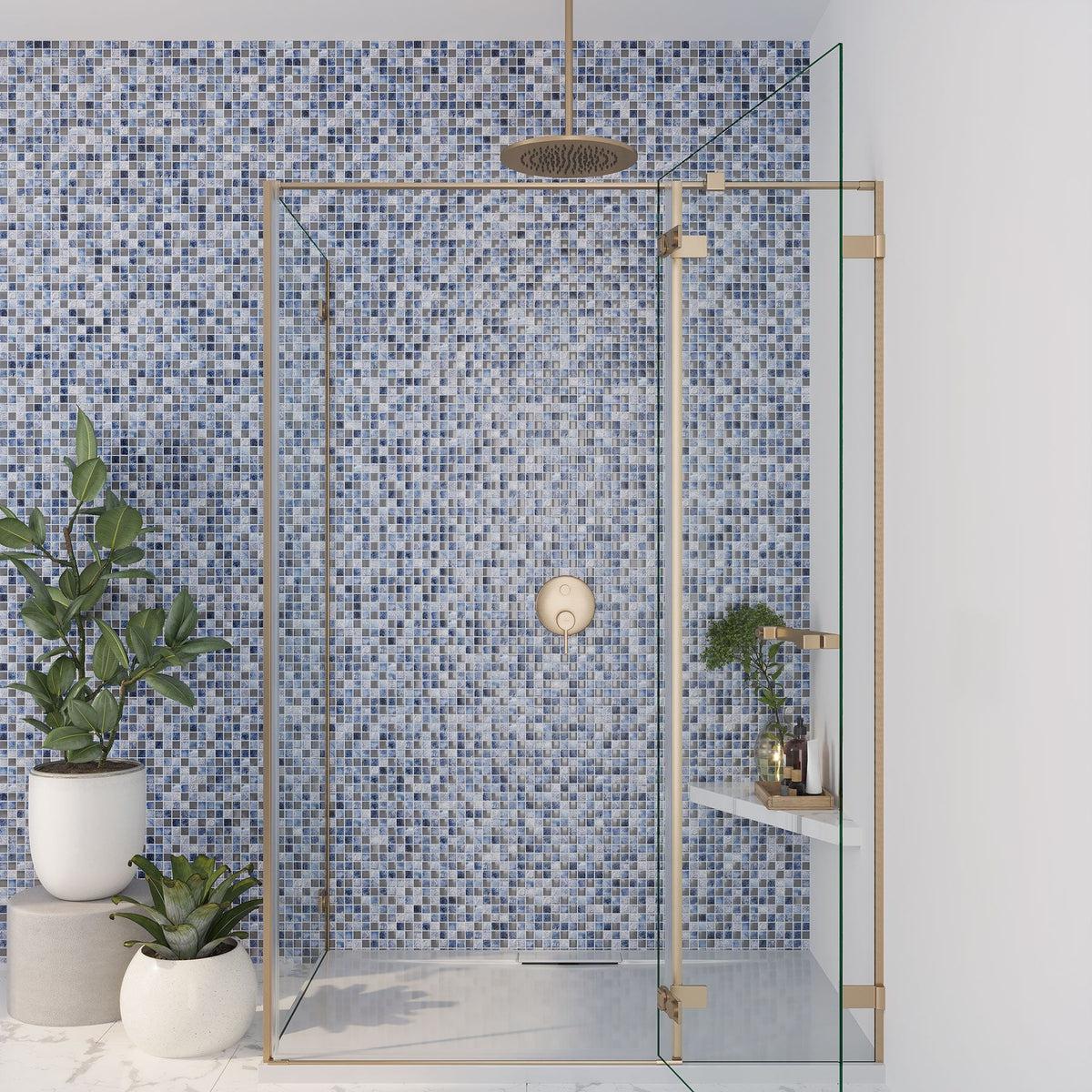 Shower with Eclectic Blue Square Mosaic Tile Backsplash