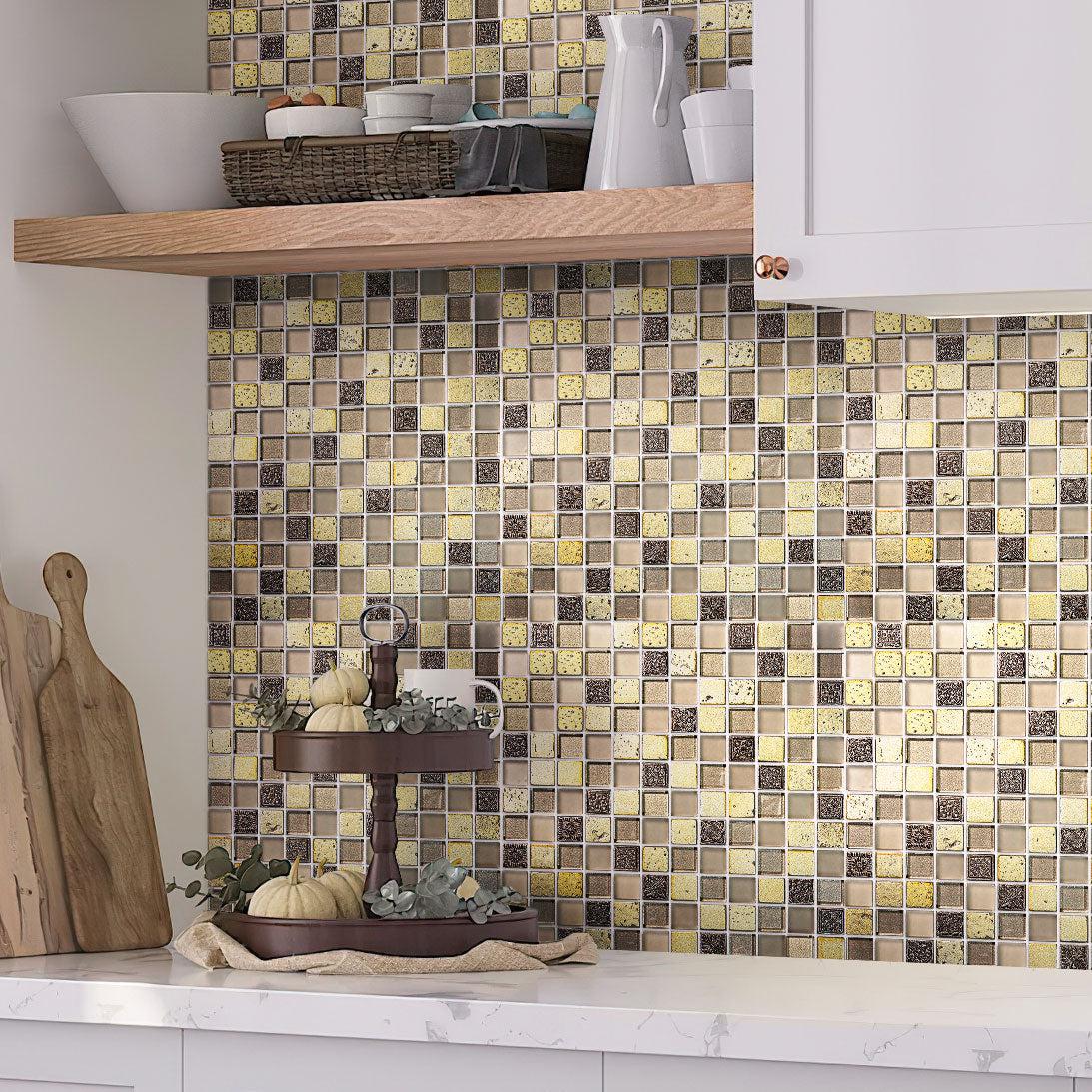 Eclectic patterned glass mosaic tile backsplash