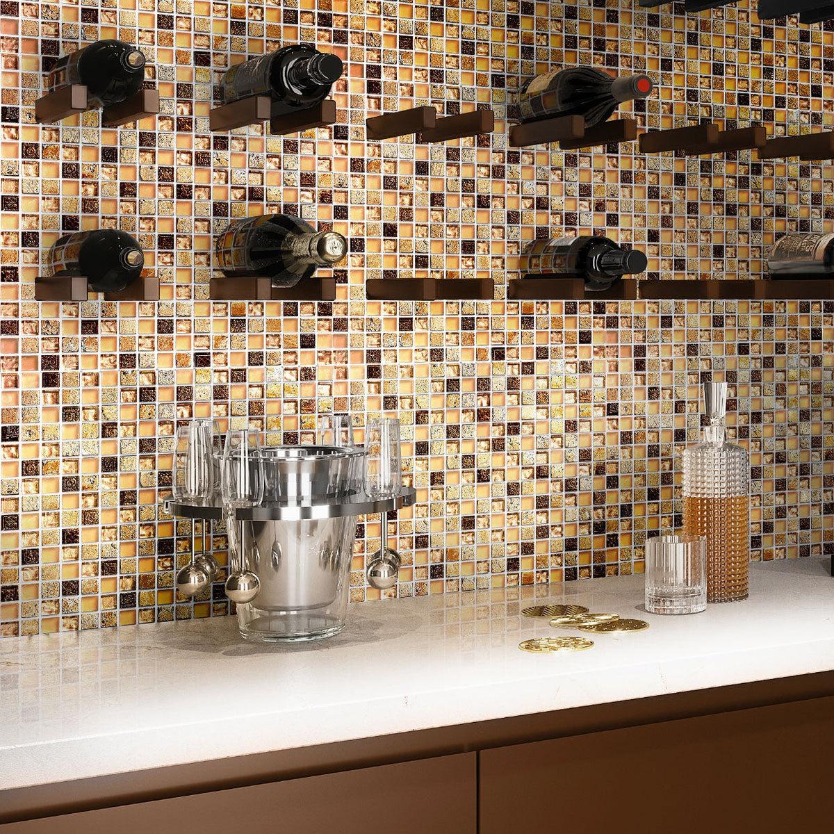 Eclectic Gold Micro Square Mosaic Tile Bar Backsplash
