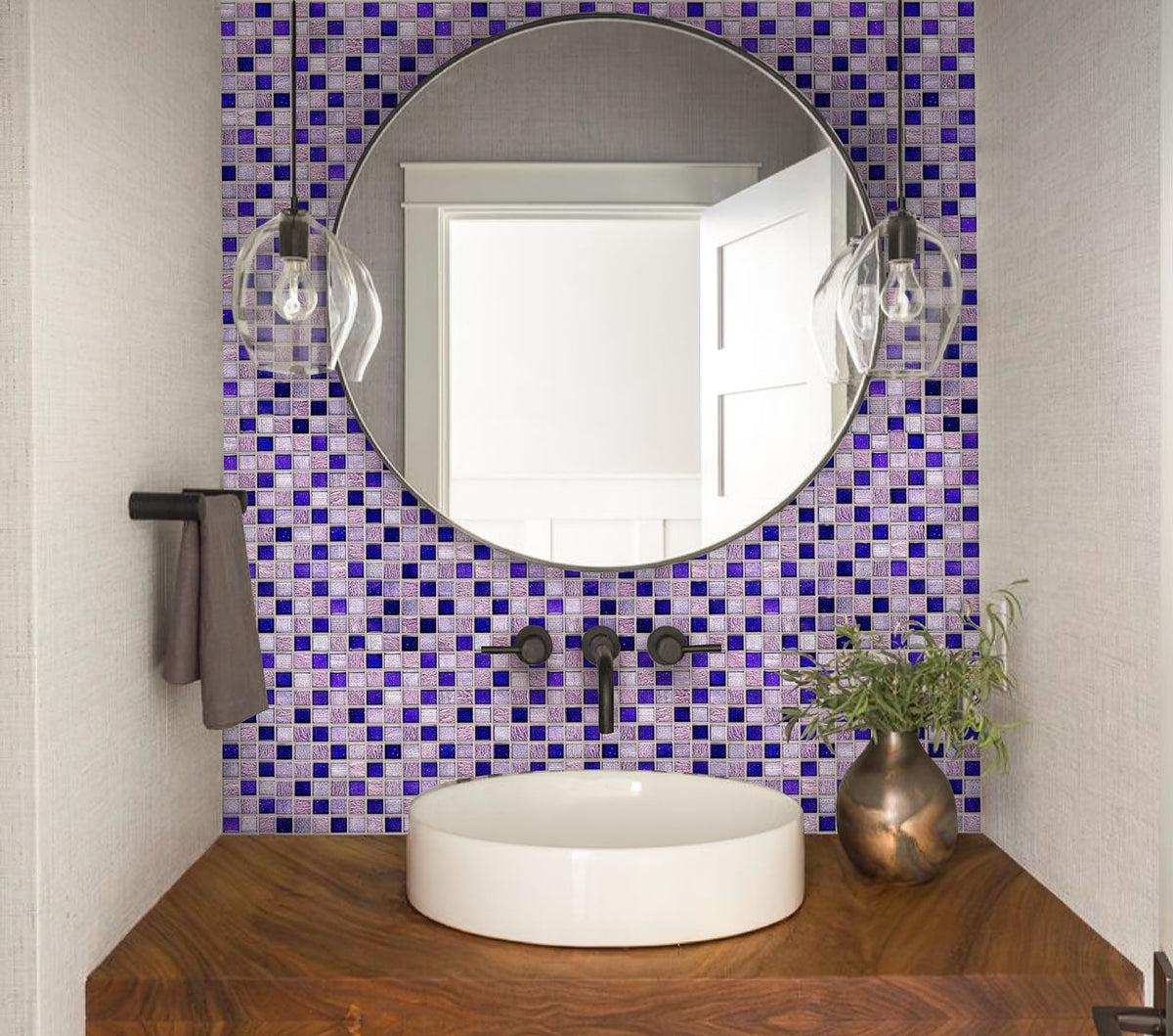 Washbasin with Eclectic Purple Square Mosaic Tile backsplash