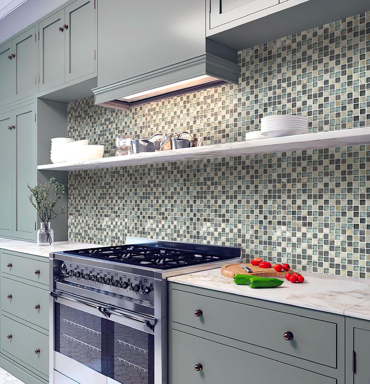 Green and white kitchen wall tile with mircro square pattern