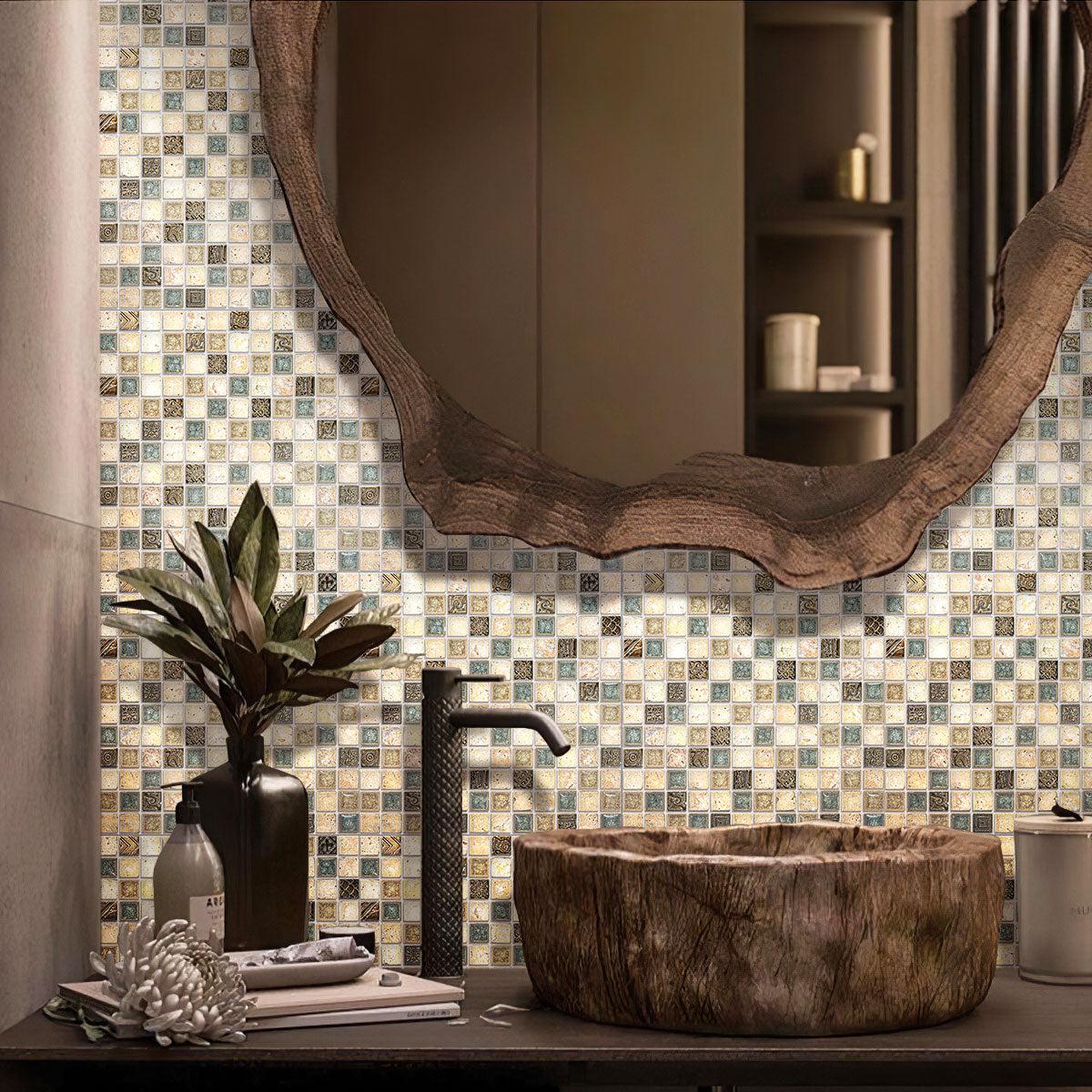 Eclectic Travertine Square Mosaic Tile Bathroom Wall