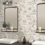 Recycled glass subway tile with calacatta gold marble pattern