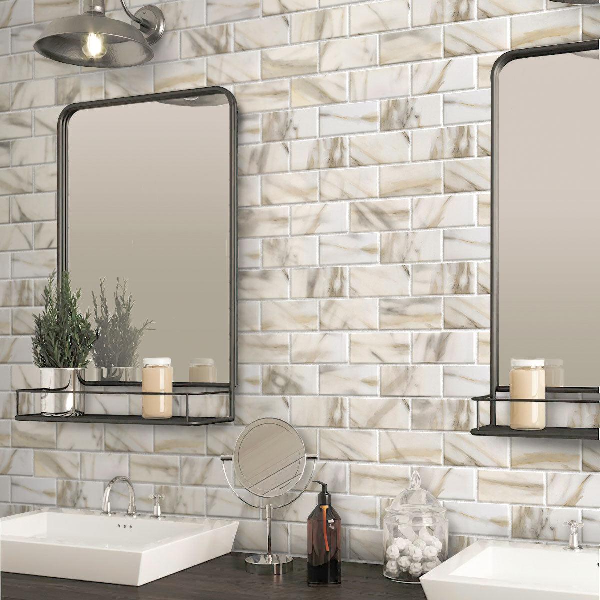 Recycled glass subway tile with calacatta gold marble pattern