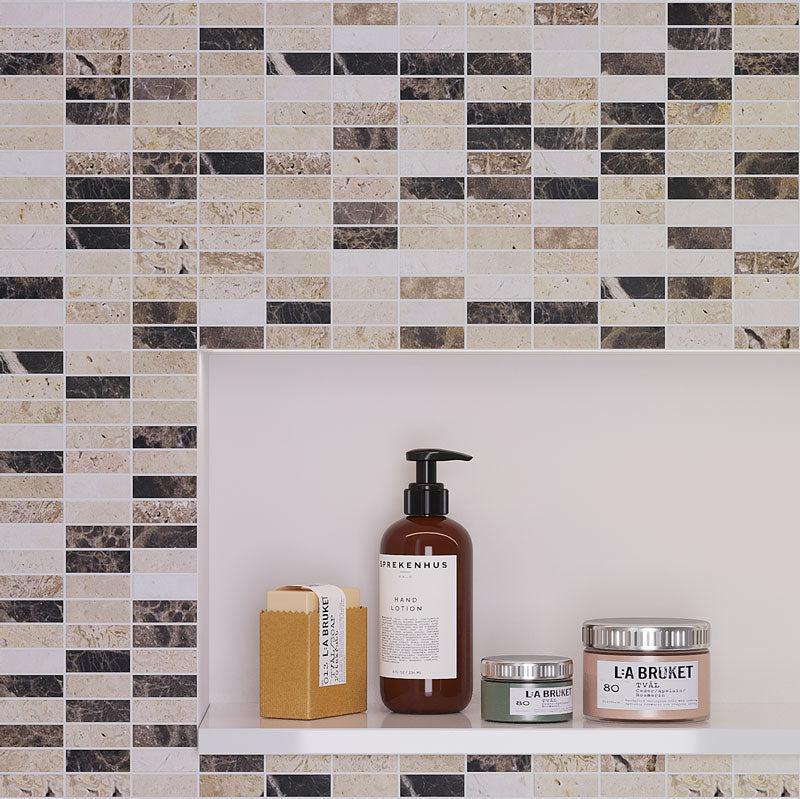 Elada Emperador Dark & Travertine Marble Mosaic Tile Bathroom Wall Close-up