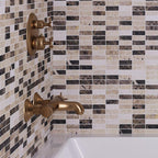 Bronze Faucets in the Bathroom on the Elada Emperador Dark & Travertine Marble Mosaic Wall