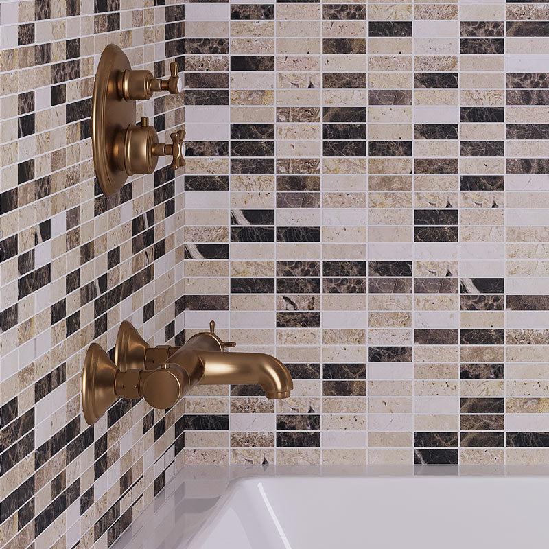 Bronze Faucets in the Bathroom on the Elada Emperador Dark & Travertine Marble Mosaic Wall