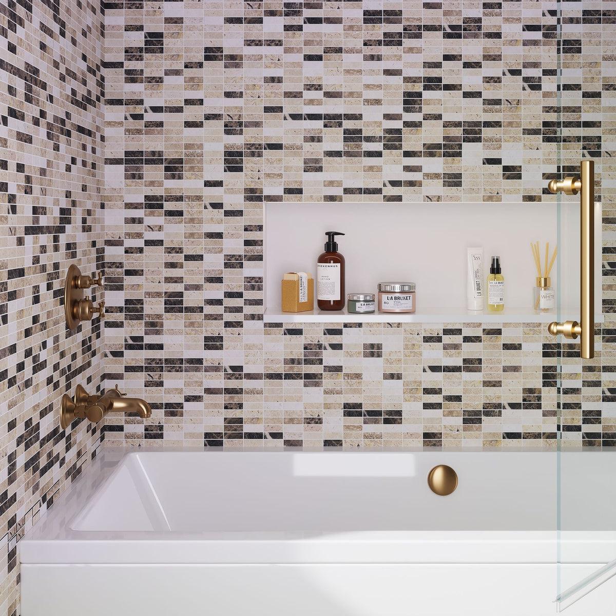 Elada Emperador Dark & Travertine Marble Mosaic Tile Backsplash in Bathroom of Bronze & White