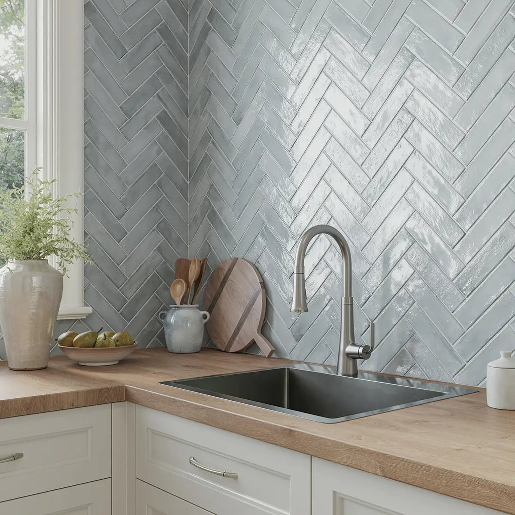 Larkin Blue Gloss Ceramic Subway Tile 2"x8" | Tile Club