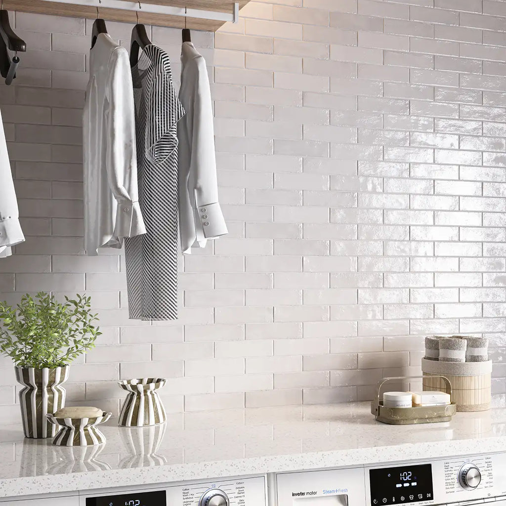 Larkin White Gloss Ceramic Subway Tile 2"x8" | Tile Club
