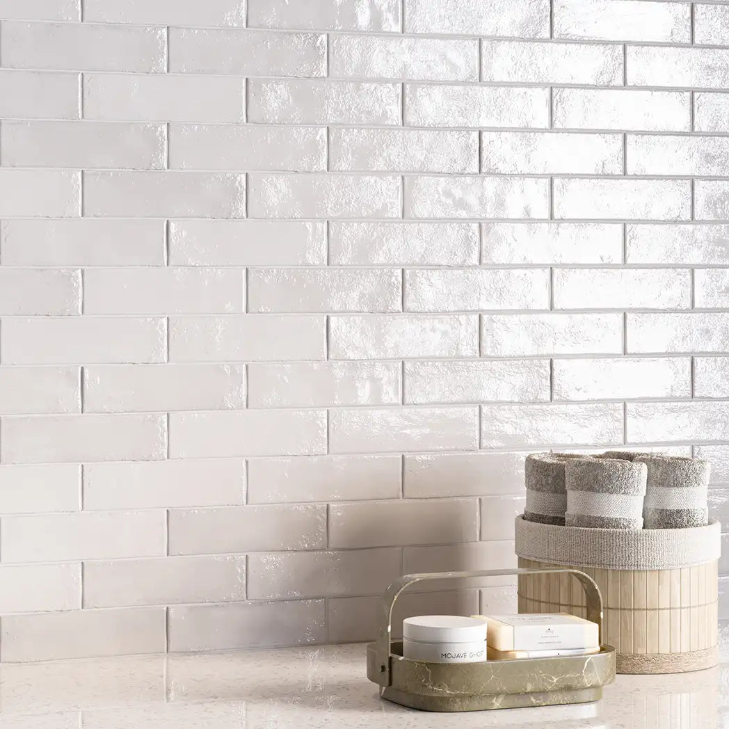 Larkin White Gloss Ceramic Subway Tile 2"x8" | Tile Club