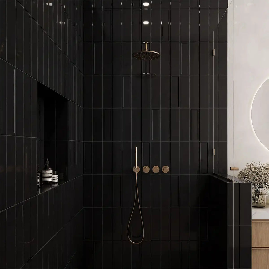 Belmore Black Glossy Beveled Ceramic Subway Tile 4" x 12" | Tile Club