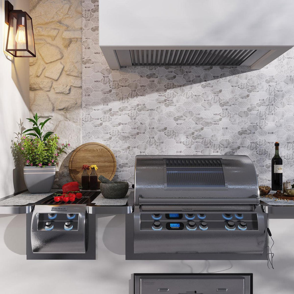 Outdoor kitchen with Textured Elongated Carrara Hexagon Marble Mosaic Backsplash Tile