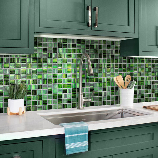 Green glass tile kitchen sink backsplash