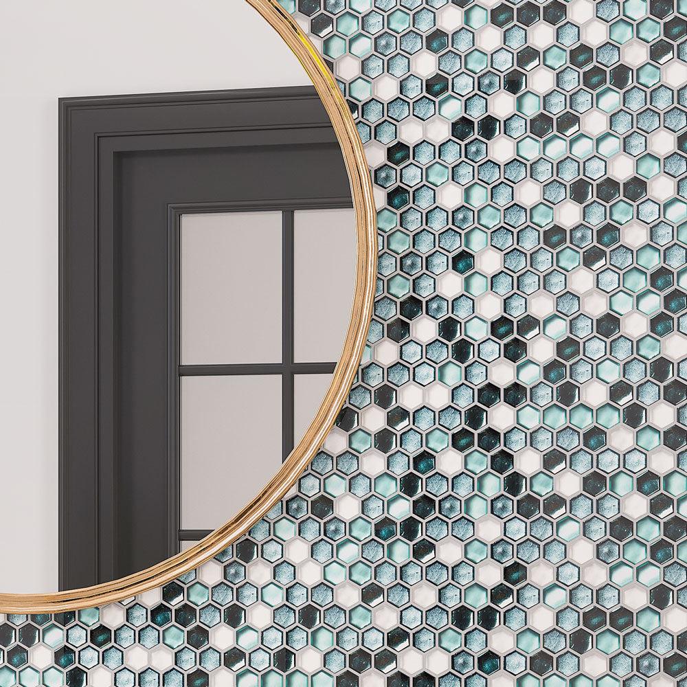 Bathroom Mirror on the Emerald Hexagon Glass Mosaic Wall