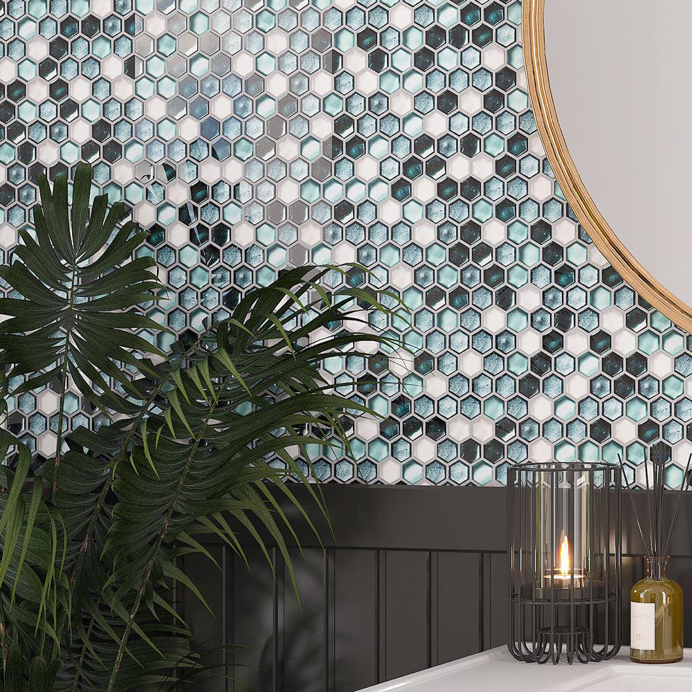 Emerald Hexagon Glass Mosaic Tile Backsplash Close-up