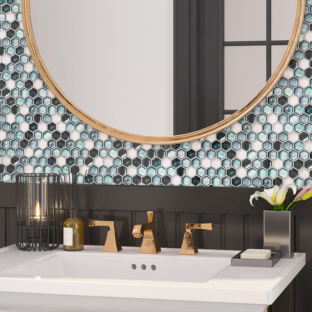 White Sink With Bronze Faucet on Emerald Hexagon Glass Wall Background