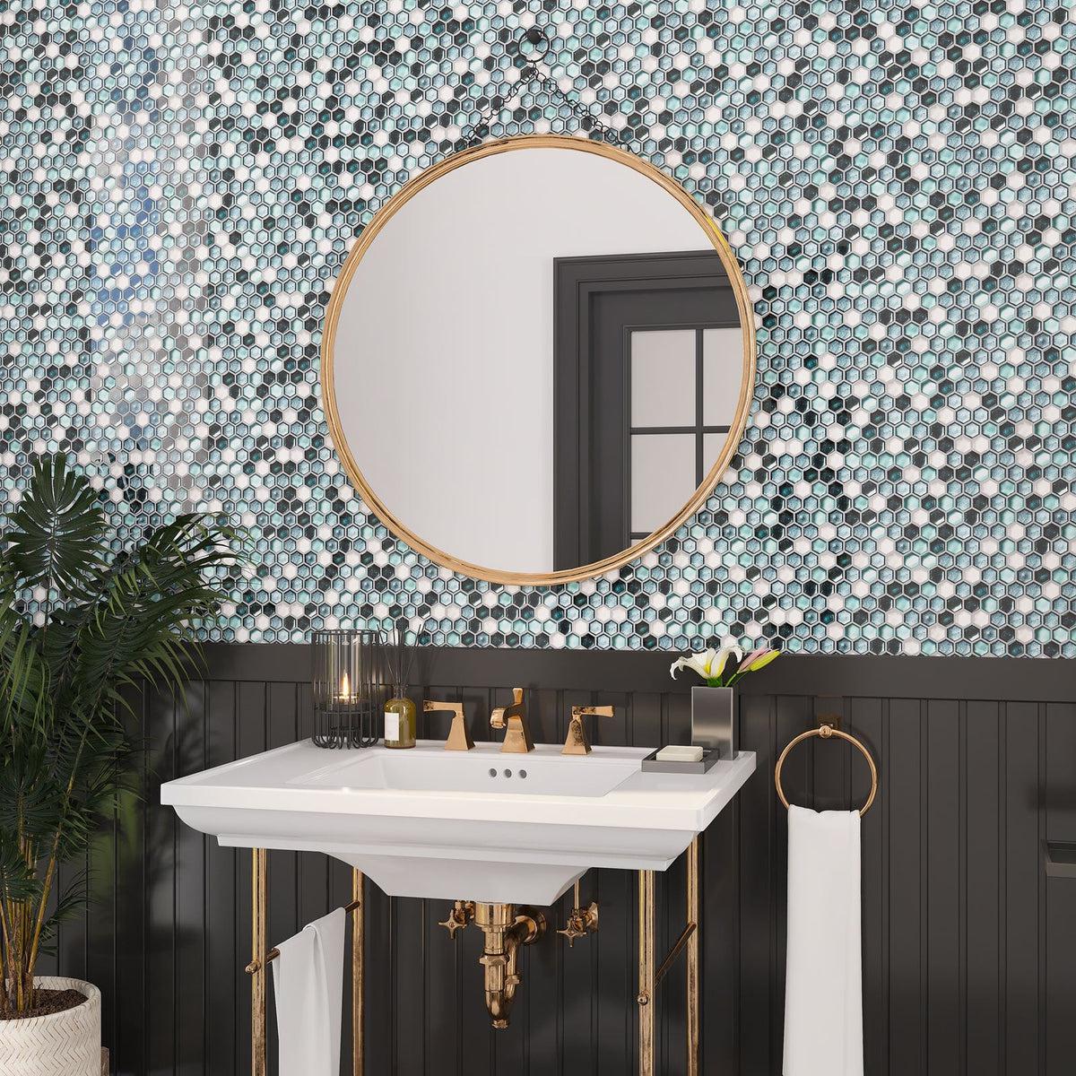 Bathroom of Black and Bronze with Emerald Hexagon Glass Mosaic Backsplash