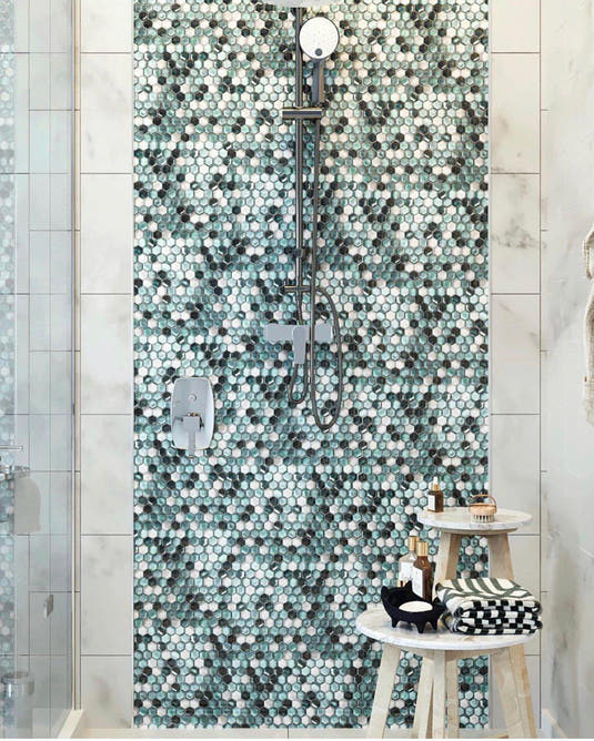 Emerald Hexagon Glass Mosaic Tile Accent Wall for a Modern Shower