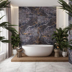 Slab tile bathrom accent wall with stone-look porcelain