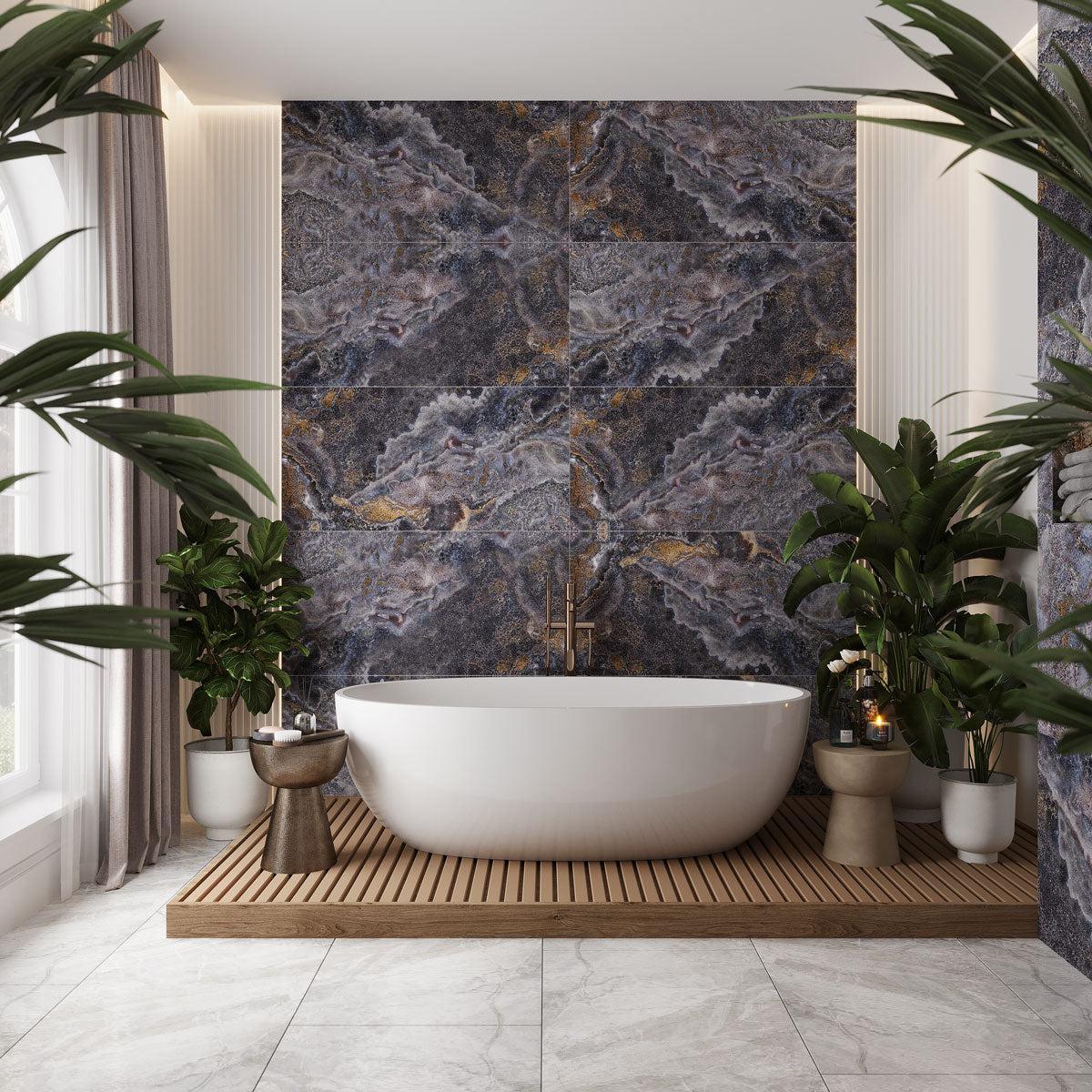 Slab tile bathrom accent wall with stone-look porcelain