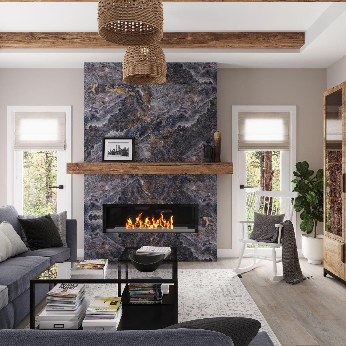 Stone slab-look fireplace design for a modern interior