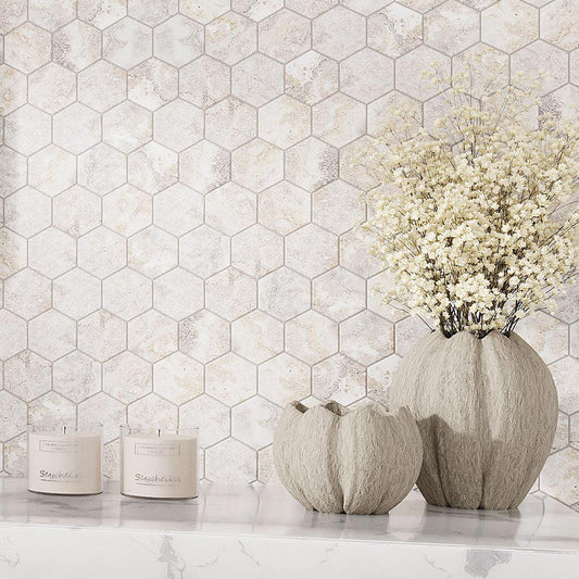 Deckled white and beige porcelain mosaic tiles in a hexagon shape