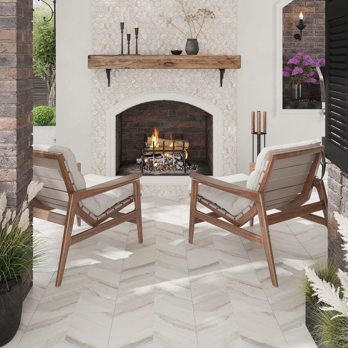 Spiga Olson Blanco Wood-Look Chevron Porcelain Tile | Tile Club