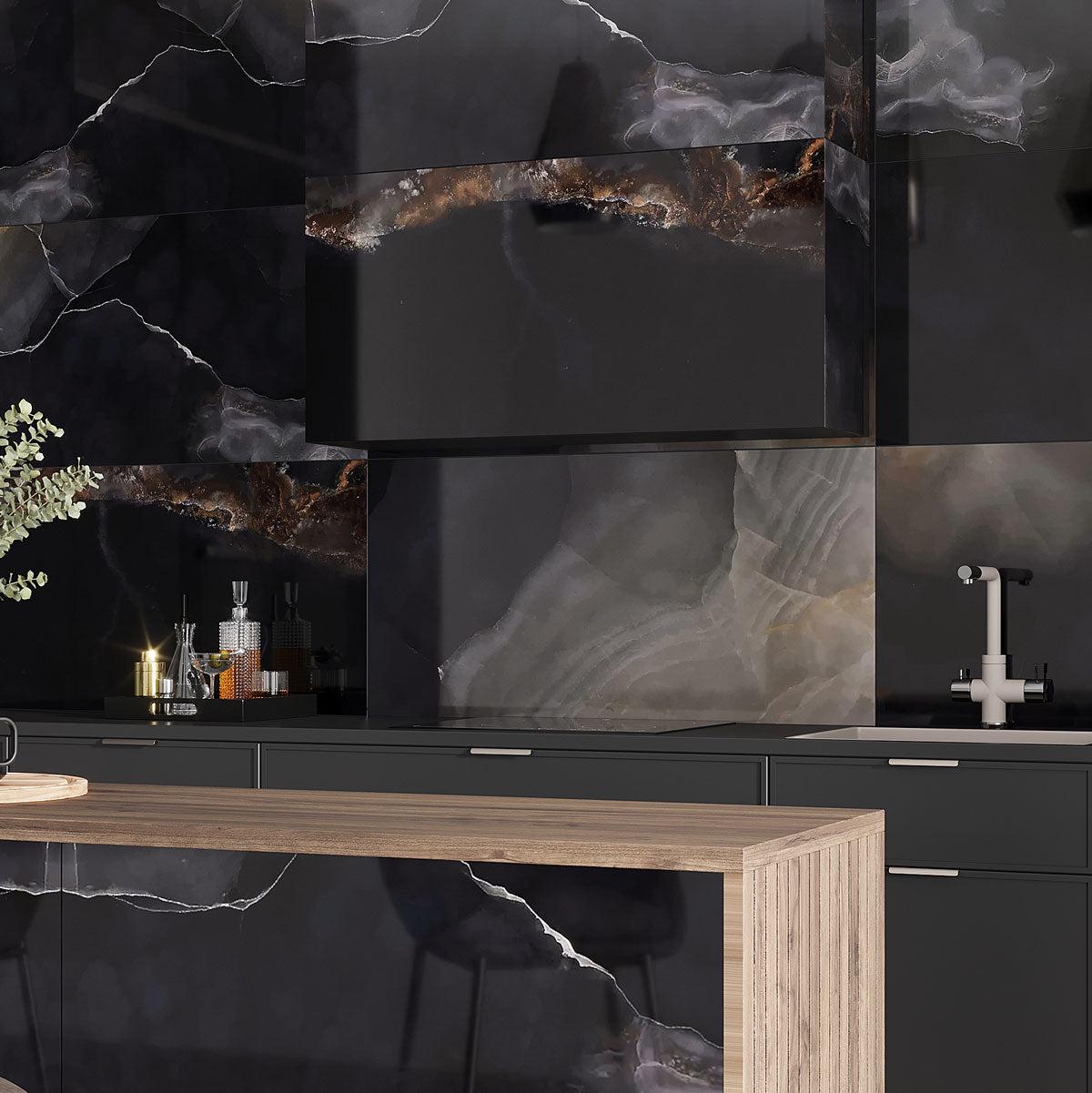 Emporio Black Onyx Porcelain Slab Backsplash and Range Hood