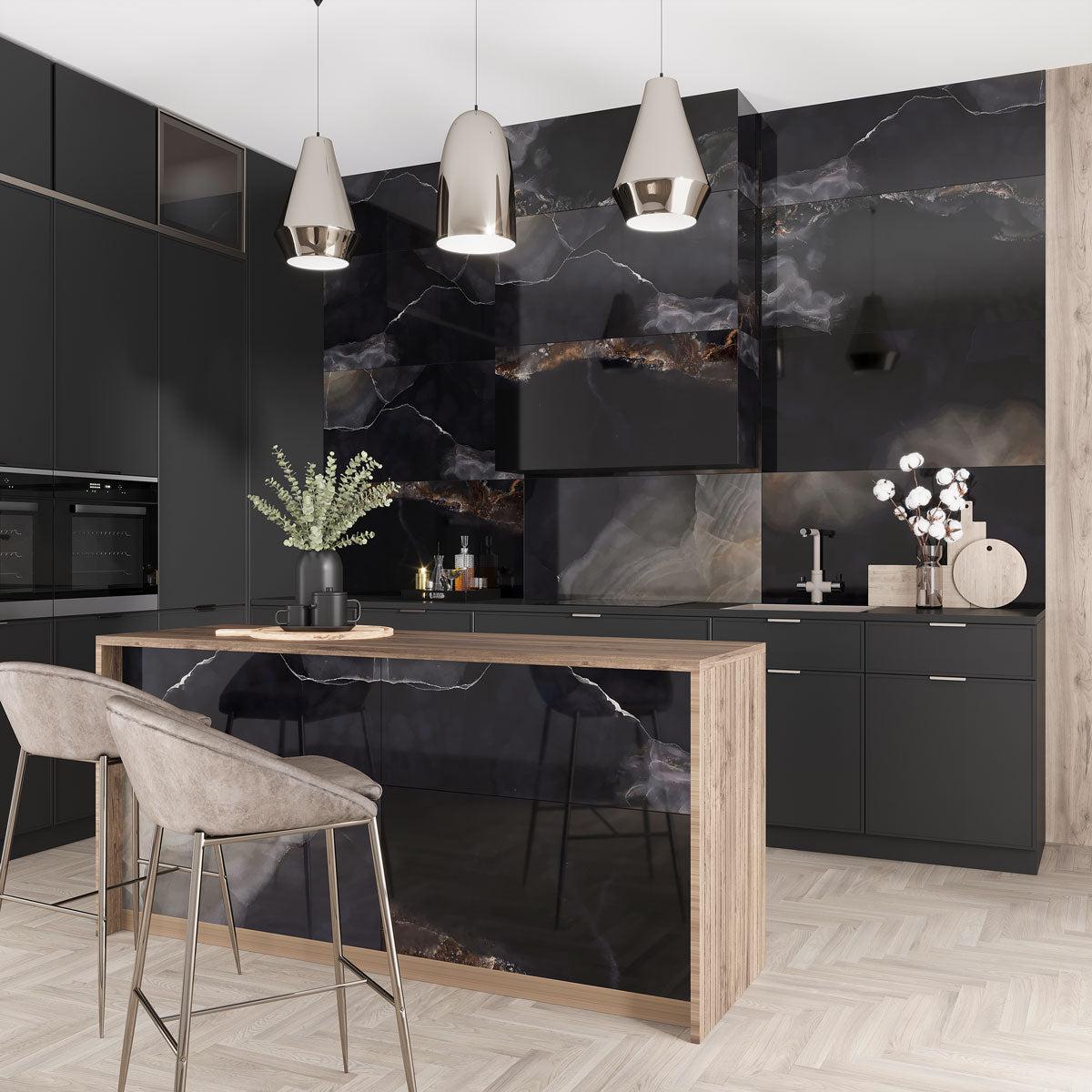 Contemporary black and wood kitchen with onyx-look porcelain tiles